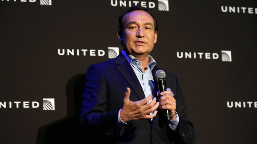 Mandatory Credit: Photo by Richard Drew/AP/Shutterstock (6038112f)Oscar Munoz United Airlines CEO Oscar Munoz delivers remarks, in New York, during a presentation of the carrier's new Polaris service, a new business class product that will become available on trans-Atlantic flightsOscar Munoz, New York, USA.
