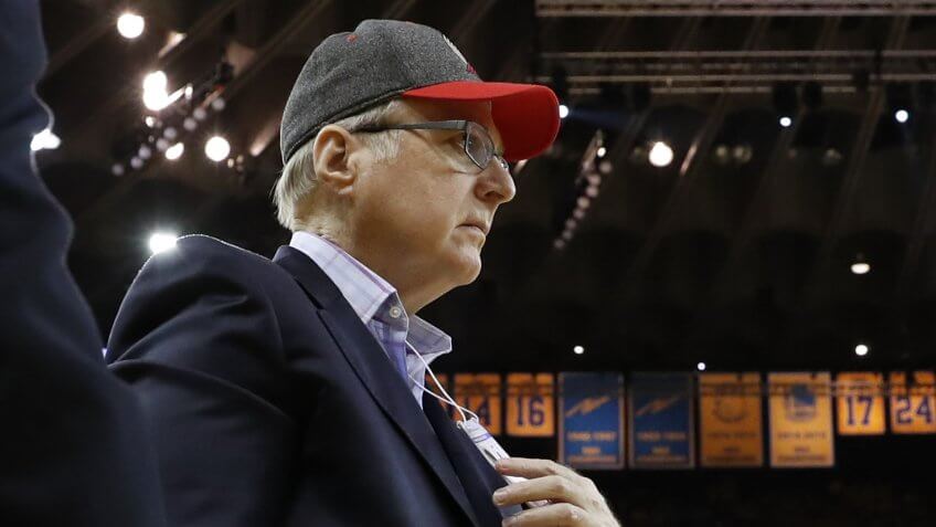 Mandatory Credit: Photo by John G Mabanglo/EPA/Shutterstock (8612534o)Paul AllenPortland Trail Blazers at Golden State Warriors, Oakland, USA - 16 Apr 2017Portland Trail Blazers owner Paul Allen walks off court after the first half against the Golden State Warriors during their NBA playoff game one at Oracle Arena in Oakland, California, USA, 16 April 2017.