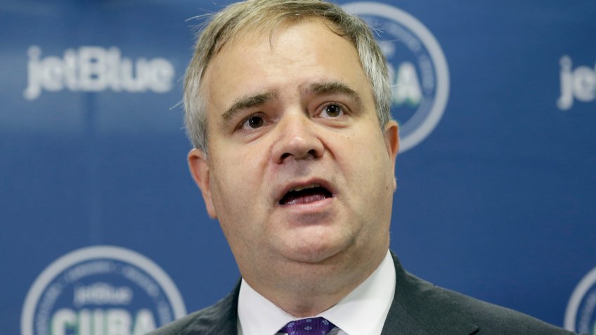 Mandatory Credit: Photo by Alan Diaz/AP/Shutterstock (5886340g)Robin Hayes JetBlue President and Chief Executive Officer Robin Hayes talks to reporters during a news conference, at the Fort Lauderdale-Hollywood International Airport in Fort Lauderdale, Fla.