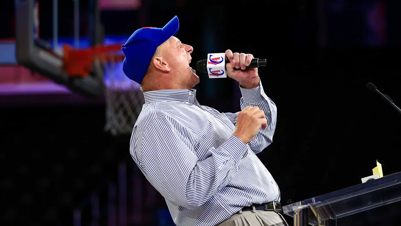 Mandatory Credit: Photo by Jae C Hong/AP/Shutterstock (6119672g)Steve Ballmer New Los Angeles Clippers owner Steve Ballmer, center, fires up the crowd as he speaks at the Clippers Fan Festival, in Los AngelesClippers Ballmer Basketball, LA, USA.