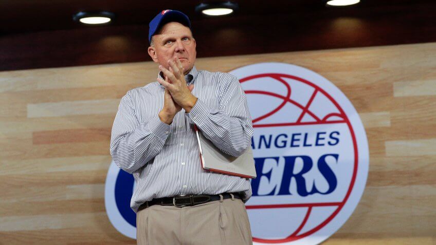 Mandatory Credit: Photo by Jae C Hong/AP/Shutterstock (6119672m)Steve Ballmer New Los Angeles Clippers owner Steve Ballmer applauds after speaking at the Clippers Fan Festival, in Los AngelesClippers Ballmer Basketball, LA, USA.