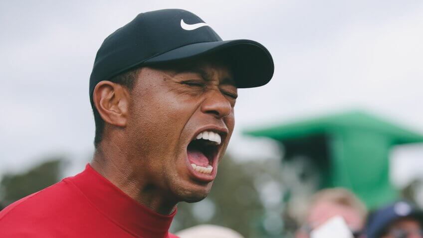 Tiger Woods celebrates winning the Masters and his 5th green jacketThe 2019 Masters Tournament, Augusta, USA - 14 Apr 2019.