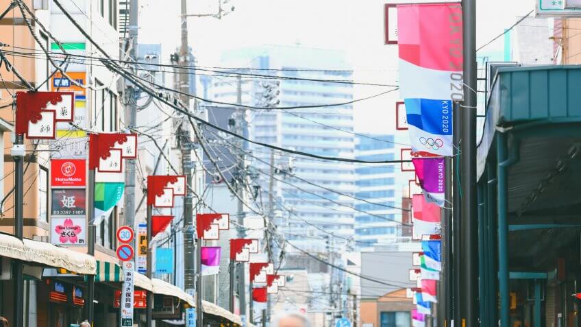 Mandatory Credit: Photo by Aflo/Shutterstock (10586655c)Olympic Banners of Tokyo 2020 are displayed on Araiyakushi shopping streetPreparations for Tokyo 2020, Tokyo, Japan - 17 Mar 2020.