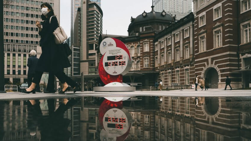 Mandatory Credit: Photo by Jae C Hong/AP/Shutterstock (10591011p)Countdown clock for the Tokyo 2020 Olympics is reflected in a puddle of water outside Tokyo Station in Tokyo, .