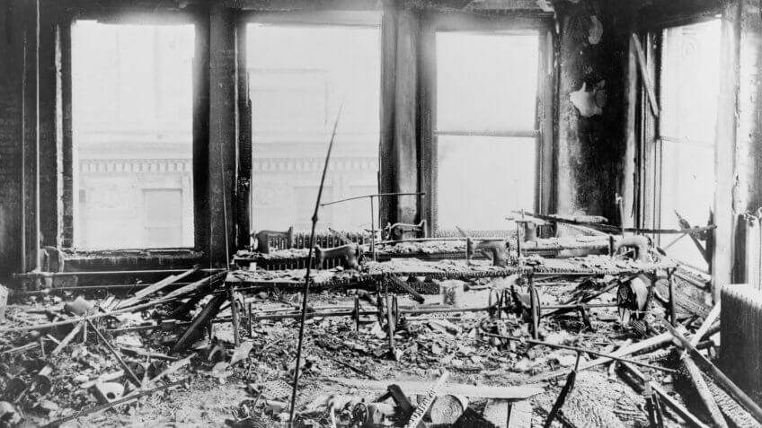 Triangle Shirtwaist Factory interior, destroyed sewing machines, gutted by a fire that killed 146 on March 25, 1911.