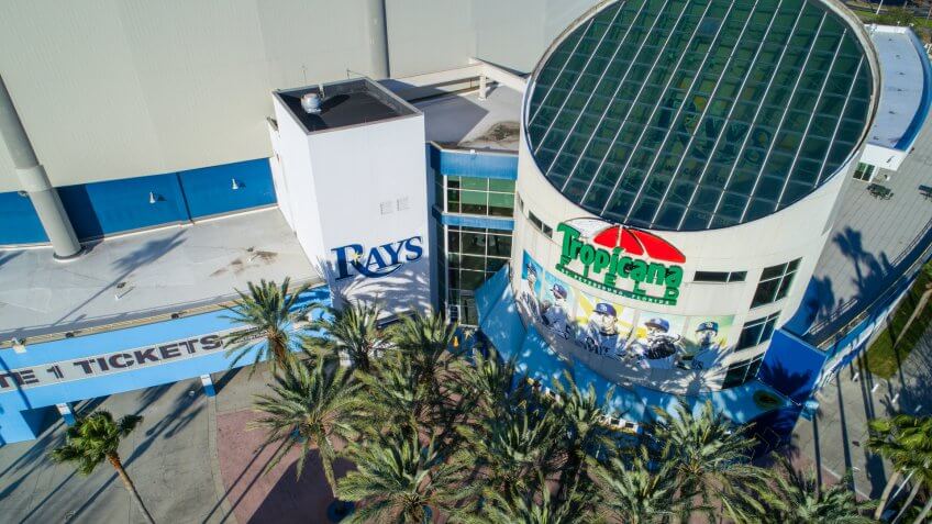 ST PETERSBURG, FL, USA - FEBRUARY 15, 2018: Drone photo of Tropicana Field sports stadium ticket entrance.