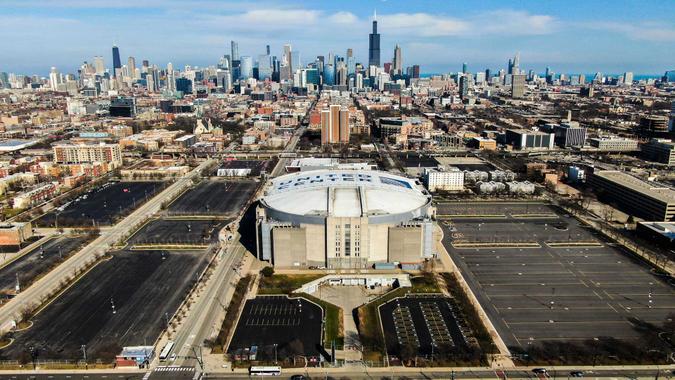 Mandatory Credit: Photo by TANNEN MAURY/EPA-EFE/Shutterstock (10593959c)A photo made with a drone shows the United Center which is home to the Chicago Bulls of the NBA and the Chicago Blackhawks of the NHL in Chicago, Illinois, USA, 25 March 2020.