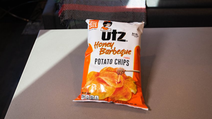 BOSTON, MASSACHUSETTS - MARCH 8, 2020: Utz Honey Barbecue Potato Chips with gluten free logo, safe for people with Celiac Disease and gluten allergies.