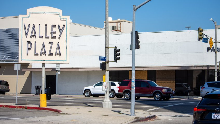North Hollywood, California / USA - September 18, 2019: The original Valley Plaza signage, vintage from the 1950s and 1960s, at the historical Valley Plaza shopping center.