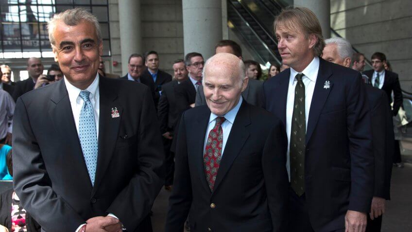 Mandatory Credit: Photo by Morry Gash/AP/Shutterstock (6154863a)Herb Kohl CORRECTS IDS ON BUYERS, WHICH WERE SWITCHED - LASRY IS At LEFT - Milwaukee Bucks owner Herb Kohl walks into a news conference after reaching a deal to sell the franchise to New York investment firm executives Marc Lasry, left, and Wesley Edens, right, in MilwaukeeCORRECTION Bucks Sale Basketball, Milwaukee, USA.