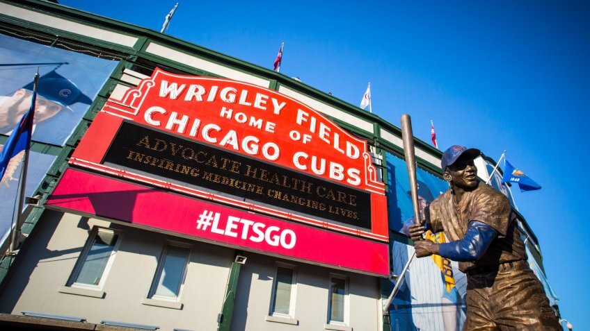 Chicago, USA - August 12, 2015: The famous signage on a warm summer's night at Wrigley Field.