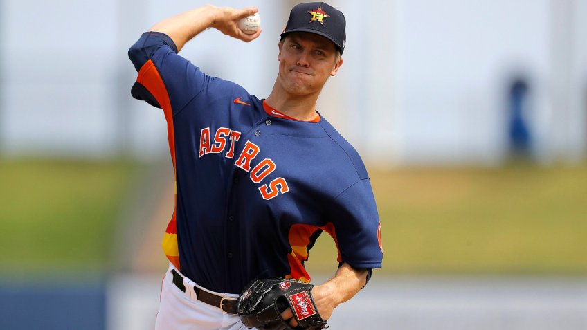 Mandatory Credit: Photo by Julio Cortez/AP/Shutterstock (10578422af)Houston Astros pitcher Zack Greinke warms up prior to a spring training baseball game against the Detroit Tigers, in West Palm Beach, FlaTigers Astros Spring Baseball, West Palm Beach, USA - 09 Mar 2020.