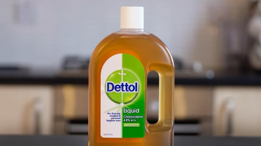 Largs, Scotland, UK - February 14, 2018: A bottle of Dettol antiseptic liquid often intended for domestic use.