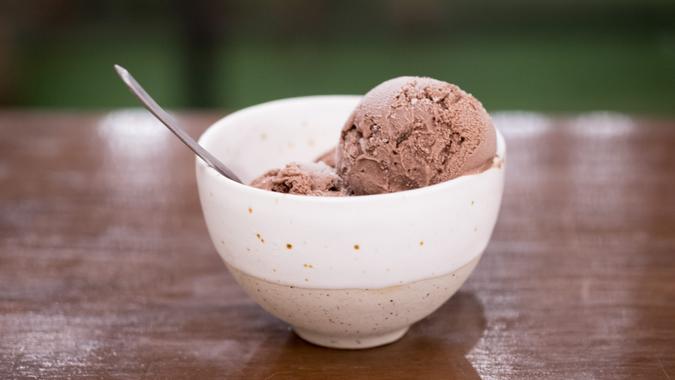 Homemade chocolate Ice cream scoop served on cup.