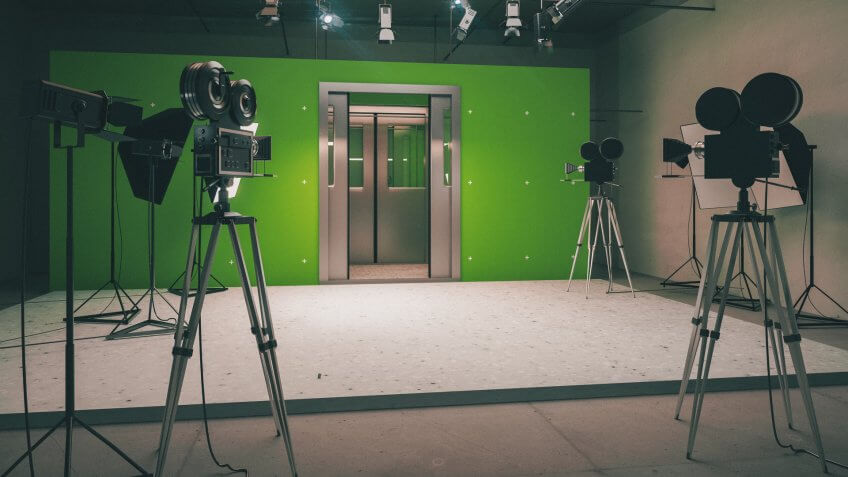 Doors decoration for movie filming with vintage cameras 3D Render.
