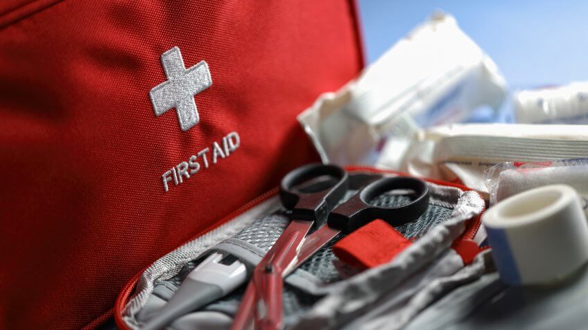 First aid articles closeup.