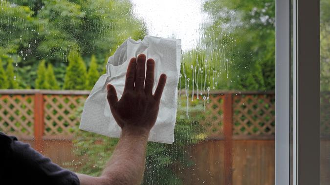 Washing a Window Having sprayed window cleaning fluid on the glass, a hand of a man is seen washing a sliding glass door from inside a home with a view of the green foliage backyard.