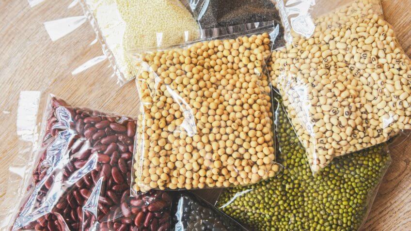 Cereal beans legumes peas lentils in package / product dry food with sesame soybean black eye pea mung and red bean , non perishable food.