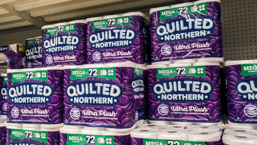 Woodinville, WA / USA - November 2nd, 2019: Quilted Northern and other toilet paper brands in household goods aisle at Target.