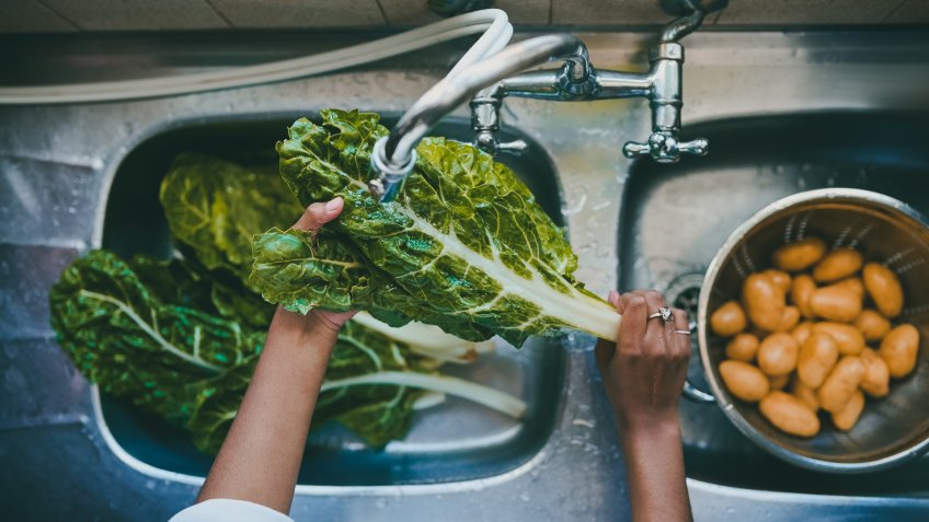 Cropped shot of a woman rinsing spinach in a kitchen sink at home.