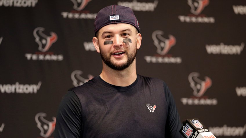 Mandatory Credit: Photo by Michael Wyke/AP/Shutterstock (10514565gd)Houston Texans quarterback AJ McCarron answers a question after an NFL football game against the Tennessee Titans, in Houston.