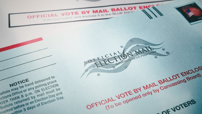 THE SEA RANCH, CALIFORNIA - October 21, 2018: Voting ballot: Absentee voting by mail with ballot envelope.