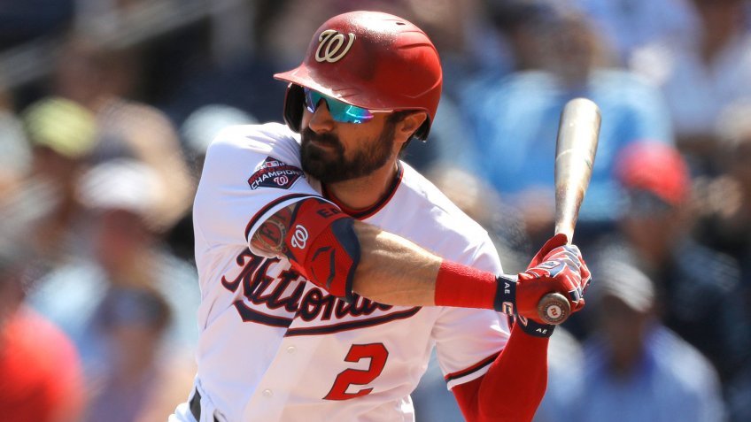 Mandatory Credit: Photo by Julio Cortez/AP/Shutterstock (10581219z)Washington Nationals' Adam Eaton swings at a pitch during the first inning of a spring training baseball game against the New York Yankees, in West Palm Beach, FlaYankees Nationals Spring Baseball, West Palm Beach, United States - 12 Mar 2020.