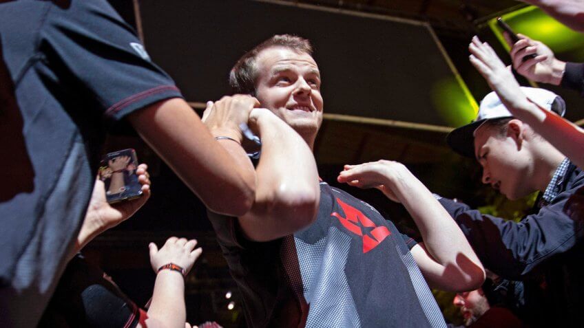 Mandatory Credit: Photo by LAUREN HURLEY/EPA-EFE/Shutterstock (9890186q)Danish gamer Andreas Hojsleth, who plays under the alias ?Xyp9x?, greats the crowd with his team Astralis ahead of the grand final of the FACEIT Major between Astralis and Na?Vi, at Wembley's SSE Arena, Wembley, London, Britain, 23 September 2018.