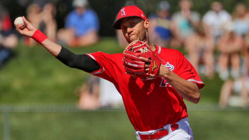 Mandatory Credit: Photo by Matt York/AP/Shutterstock (10574410l)Los Angeles Angels' Andrelton Simmons against the Seattle Mariners during the second inning of a spring training baseball game, in Tempe, ArizMariners Angels Spring Baseball, Tempe, USA - 04 Mar 2020.