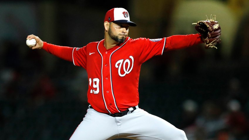 Mandatory Credit: Photo by Julio Cortez/AP/Shutterstock (10576305bq)Washington Nationals pitcher Anibal Sanchez throws a pitch to the Miami Marlins during the first inning of a spring training baseball game, in Jupiter, FlaNationals Marlins Spring Baseball, Jupiter, USA - 06 Mar 2020.