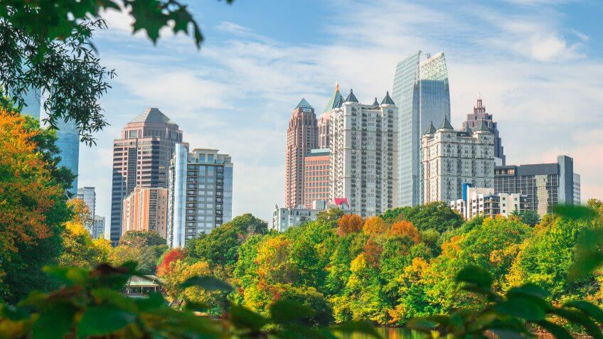 A view of the Midtown Atlanta skyline from Piedmont Park during the fall season.