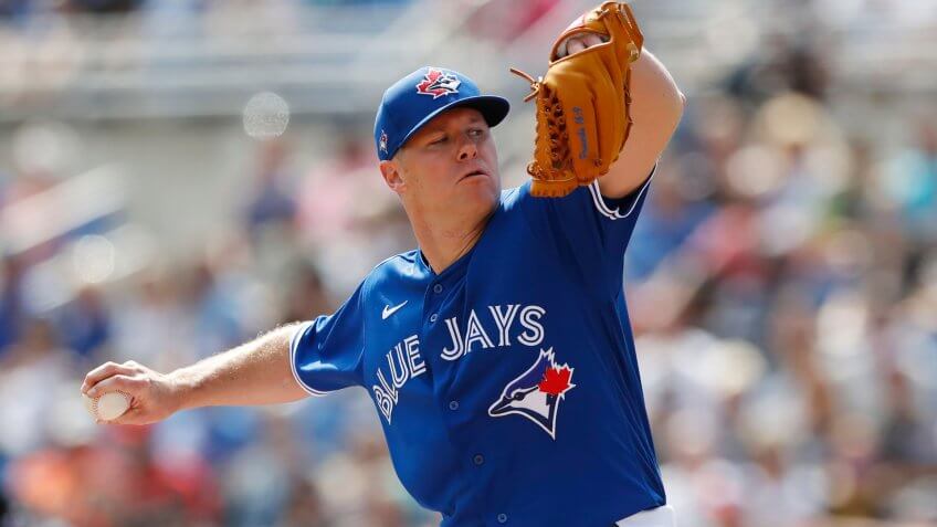 Mandatory Credit: Photo by Carlos Osorio/AP/Shutterstock (10580098d)Toronto Blue Jays starting pitcher Chase Anderson throws during a spring training baseball game, in Dunedin, FlaBlue Jays Baseball, Dunedin, United States - 06 Mar 2020.