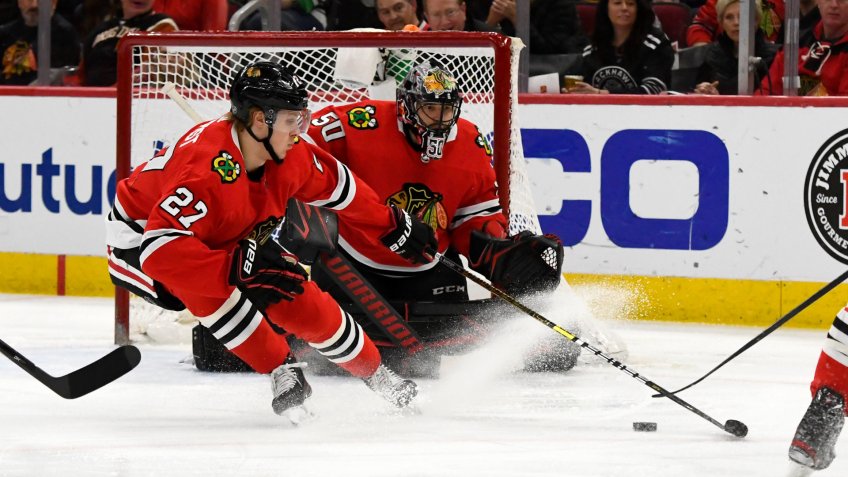 Mandatory Credit: Photo by Matt Marton/AP/Shutterstock (10578032f)Adam Boqvist, Corey Crawford.