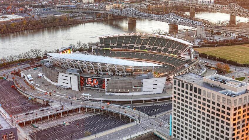 CINCINNATI, OHIO/UNITED STATES- SEPTEMBER 10, 2018: An aerial of Paul Brown Stadium in Cincinnati, home to the Cincinnati Bengels.