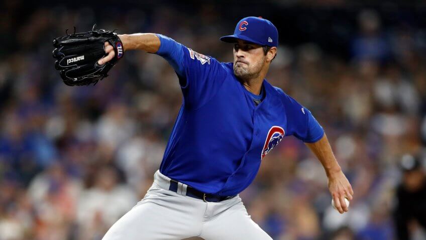 Mandatory Credit: Photo by Gregory Bull/AP/Shutterstock (10407930n)Chicago Cubs starting pitcher Cole Hamels works against a San Diego Padres batter during the fourth inning of a baseball game, in San DiegoCubs Padres Baseball, San Diego, USA - 11 Sep 2019.
