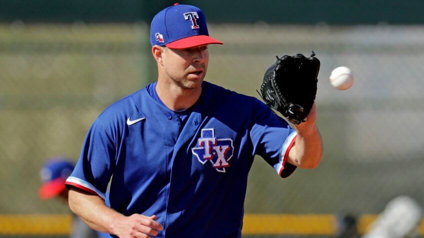 Mandatory Credit: Photo by Charlie Riedel/AP/Shutterstock (10557145t)Texas Rangers pitcher Corey Kluber participates in a drill during spring training baseball practice, in Surprise, ArizRangers Spring Baseball, Surprise, USA - 14 Feb 2020.
