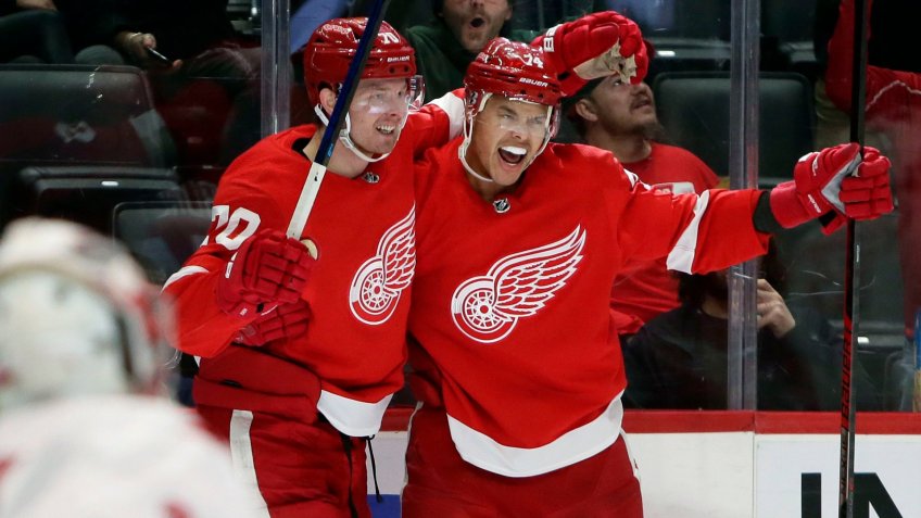 Mandatory Credit: Photo by Duane Burleson/AP/Shutterstock (10579336h)Detroit Red Wings center Christoffer Ehn (70) celebrates his second-period goal against the Carolina Hurricanes with defenseman Madison Bowey, right, during an NHL hockey game, in DetroitHurricanes Red Wings Hockey, Detroit, USA - 10 Mar 2020.