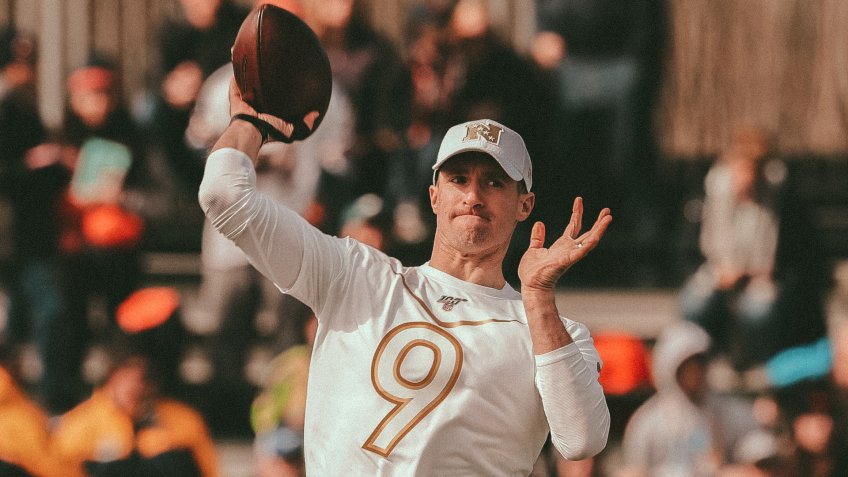 Mandatory Credit: Photo by Chris O'Meara/AP/Shutterstock (10536209as)NFC quarterback Drew Brees, of the New Orleans Saints, during a practice for the NFL Pro Bowl football game, in Kissimmee, FlaPro Bowl Football, Kissimmee, USA - 22 Jan 2020.