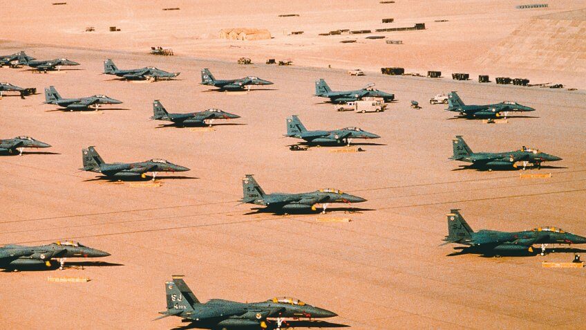 F-15E Eagle fighter aircraft of the 4th Tactical Fighter Wing, Seymour Johnson Air Force Base, N.