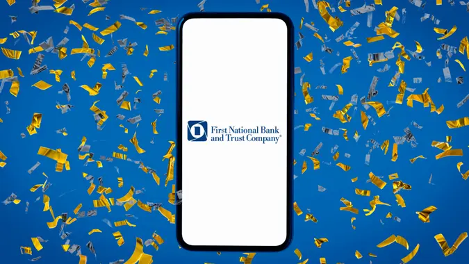 First National Bank and Trust Company promotions on light blue background