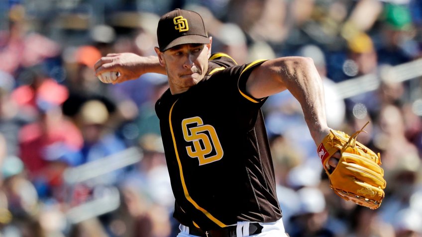 Mandatory Credit: Photo by Elaine Thompson/AP/Shutterstock (10578315j)San Diego Padres starting pitcher Garrett Richards throws against the Los Angeles Dodgers during a spring training baseball game, in Peoria, ArizDodgers Padres Spring Baseball, Peoria, USA - 09 Mar 2020.