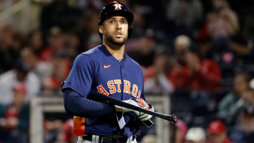 Mandatory Credit: Photo by Jeff Roberson/AP/Shutterstock (10569237k)Houston Astros' George Springer walks back toward the dugout after striking out to end the top of the second inning of a spring training baseball game against the Washington Nationals, in West Palm Beach, FlaAstros Nationals Spring Baseball, West Palm Beach, USA - 27 Feb 2020.