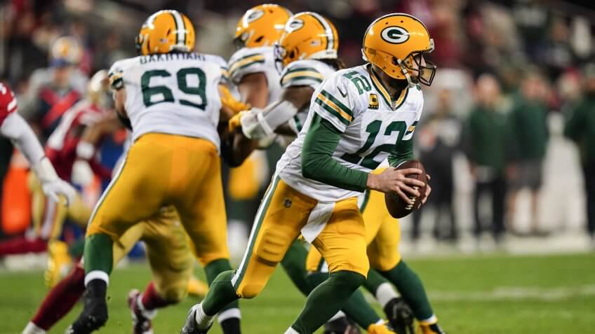 Editorial Use OnlyMandatory Credit: Photo by Dave Shopland/BPI/Shutterstock (10526895ho)Aaron Rodgers Quarterback of the Green Bay Packers (12) runs the ballGreen Bay Packers v San Francisco 49ers, NFL Conference Championship, American Football, Levi's Stadium, USA - 19 Jan 2020.