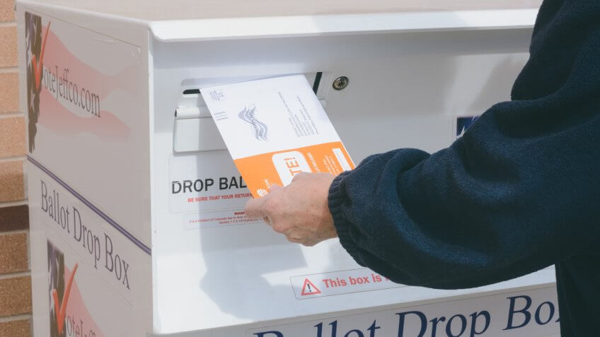 Hand putting Jefferson County Colorado election ballot envelope into ballot drop box in early voting mail election.