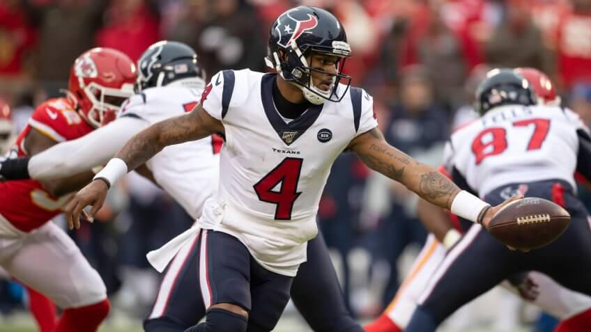 Mandatory Credit: Photo by Colin E Braley/AP/Shutterstock (10525697cp)Houston Texans quarterback Deshaun Watson (4)hands the ball off during an NFL divisional playoff football game against the Kansas City Chiefs in Kansas City, MoTexans Chiefs Football, Kansas City, USA - 12 Jan 2020.