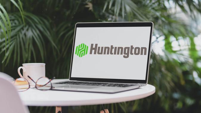 Huntington Bank logo on laptop screen.