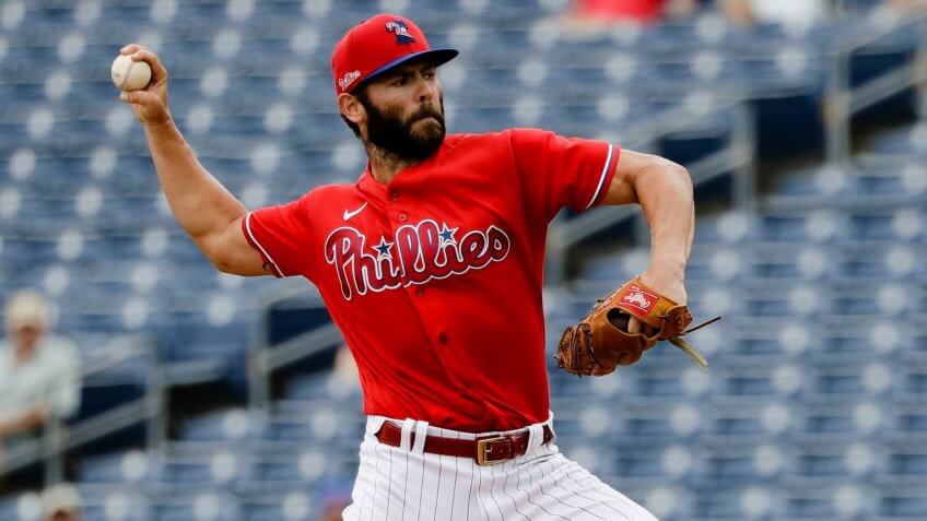 Mandatory Credit: Photo by Frank Franklin II/AP/Shutterstock (10567216v)Philadelphia Phillies starting pitcher Jake Arrieta delivers a pitch during the second inning of a spring training baseball game against the Toronto Blue Jays, in Clearwater, FlaBlue Jays Phillies Baseball, Clearwater, USA - 25 Feb 2020.
