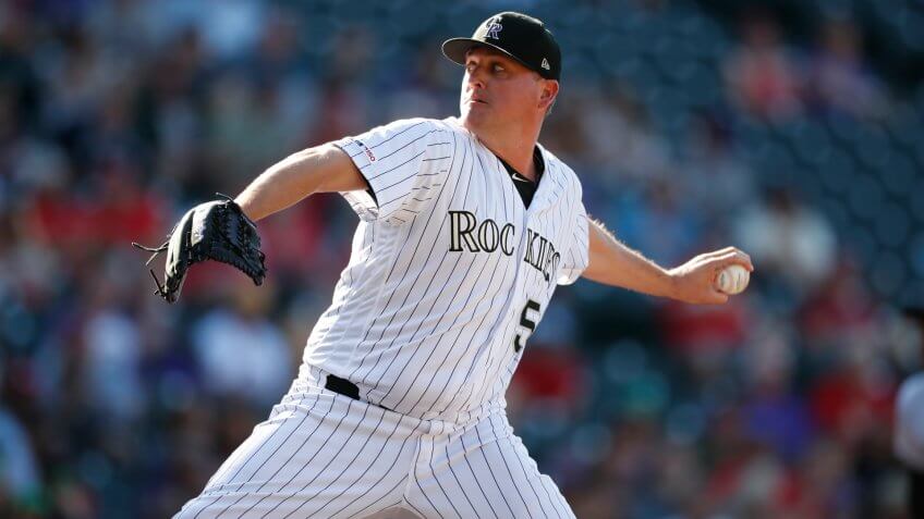 Mandatory Credit: Photo by David Zalubowski/AP/Shutterstock (10413025e)Colorado Rockies relief pitcher Jake McGee (51) in the ninth inning of a baseball game, in Denver.