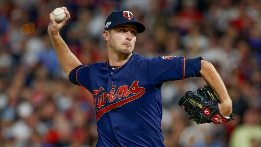 Mandatory Credit: Photo by Bruce Kluckhohn/AP/Shutterstock (10438541p)Minnesota Twins starting pitcher Jake Odorizzi throws during the first inning in Game 3 of a baseball American League Division Series against the New York Yankees, in MinneapolisALDS Yankees Twins Baseball, Minneapolis, USA - 07 Oct 2019.