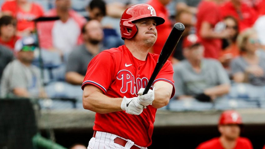 Mandatory Credit: Photo by Frank Franklin II/AP/Shutterstock (10567216ba)Philadelphia Phillies left fielder Jay Bruce during the third inning of a spring training baseball game against the Toronto Blue Jays, in Clearwater, FlaBlue Jays Phillies Baseball, Clearwater, USA - 25 Feb 2020.